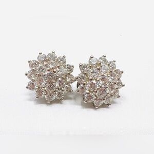 Vintage Sterling Silver Zirconia Floral Sparkly Cluster Clip On Earrings